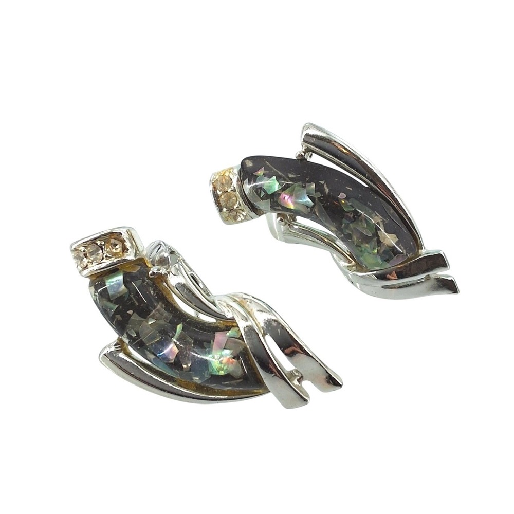 Vintage Coro Silver Tone Confetti Thermoset Leaf Clip On Earrings